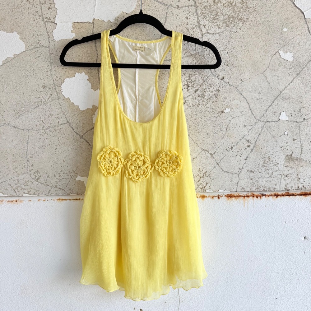 Y2K Silk Tank Tunic Top Crochet Flower Babydoll Crinkle Chiffon Max Studio S